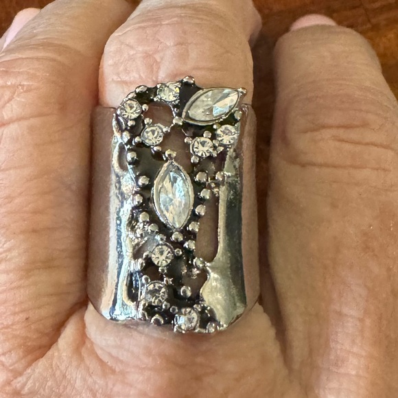 Vintage Inspired Hollow With Embedded Rhinestone, Silver tone Unique Funky Ring - Picture 4 of 8